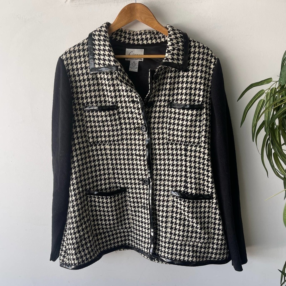 Linea By Louis Dell Olio Jacket XL Black White Houndstooth Printed Wool Knit